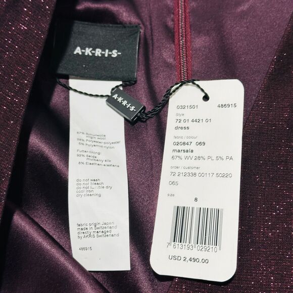 Akris Sheath Dress Women's 8 Marsala Shimmering Wool V-Neck Side Slit NWT $2490 - Picture 8 of 9